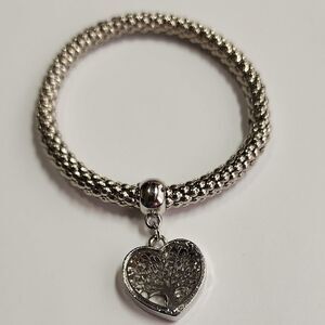 Heart Shape Tree of Life Crystal Filled Charm Silver Tone Expansion Bracelet
